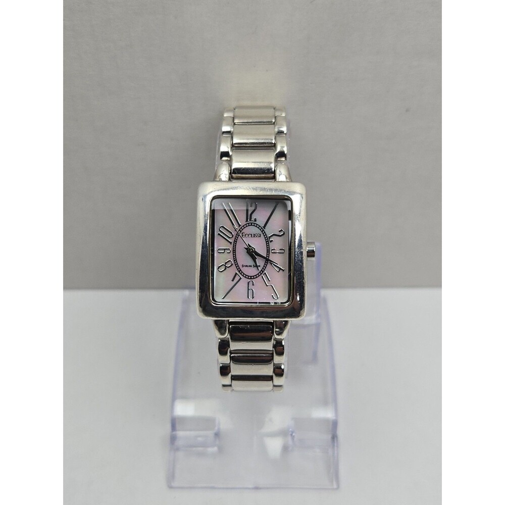 Ecclissi Womens 925 Sterling Silver Tank Bracelet Quartz Watch New Battery MOP